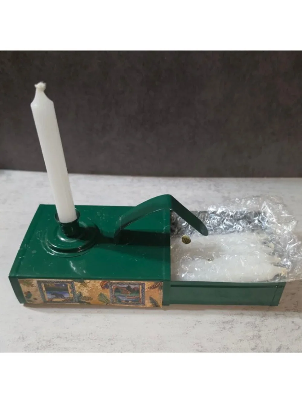 Vtg Green Metal Emergency Candle Tin Holder Storage Drawer Cabin Lodge Bear